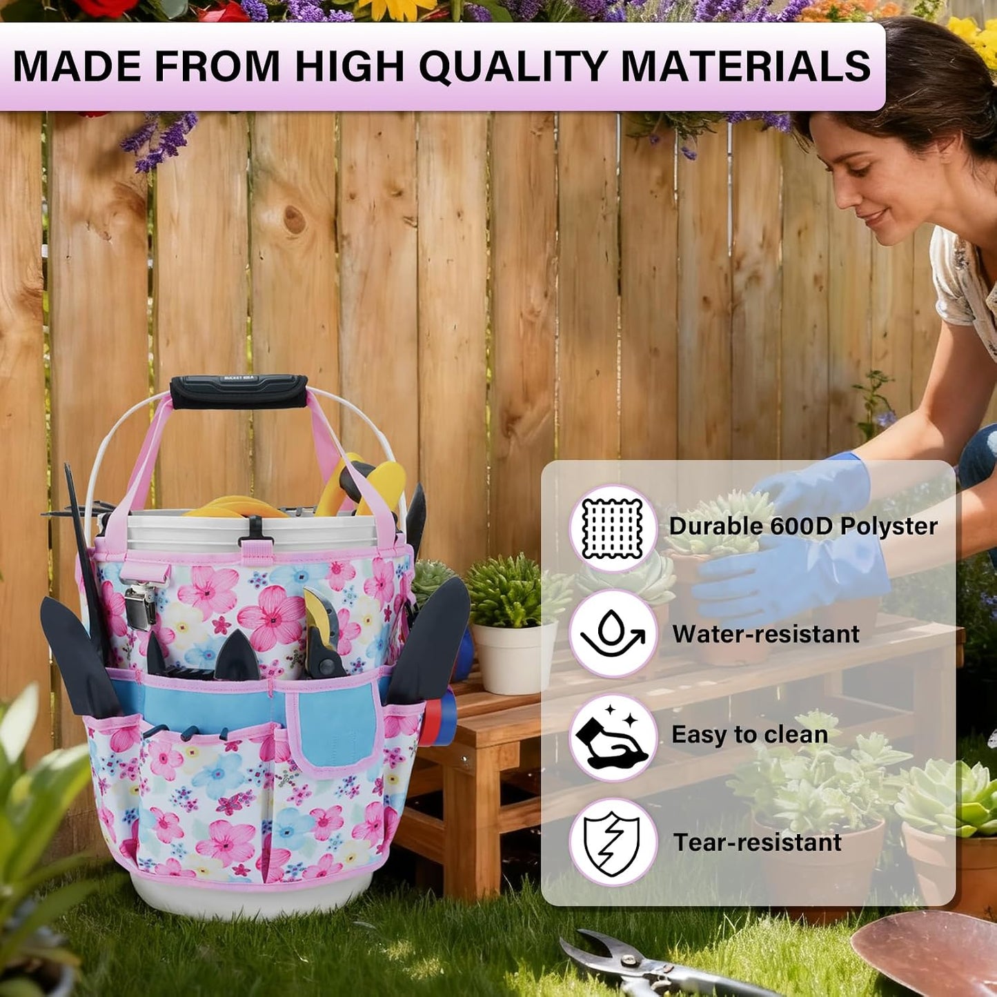 KUNN Bucket Tool Organizer 5 Gallon 18-Pocket Gardening Tool Bag with Hangable Handle | Garden Caddy & Bucket Accessory, Green