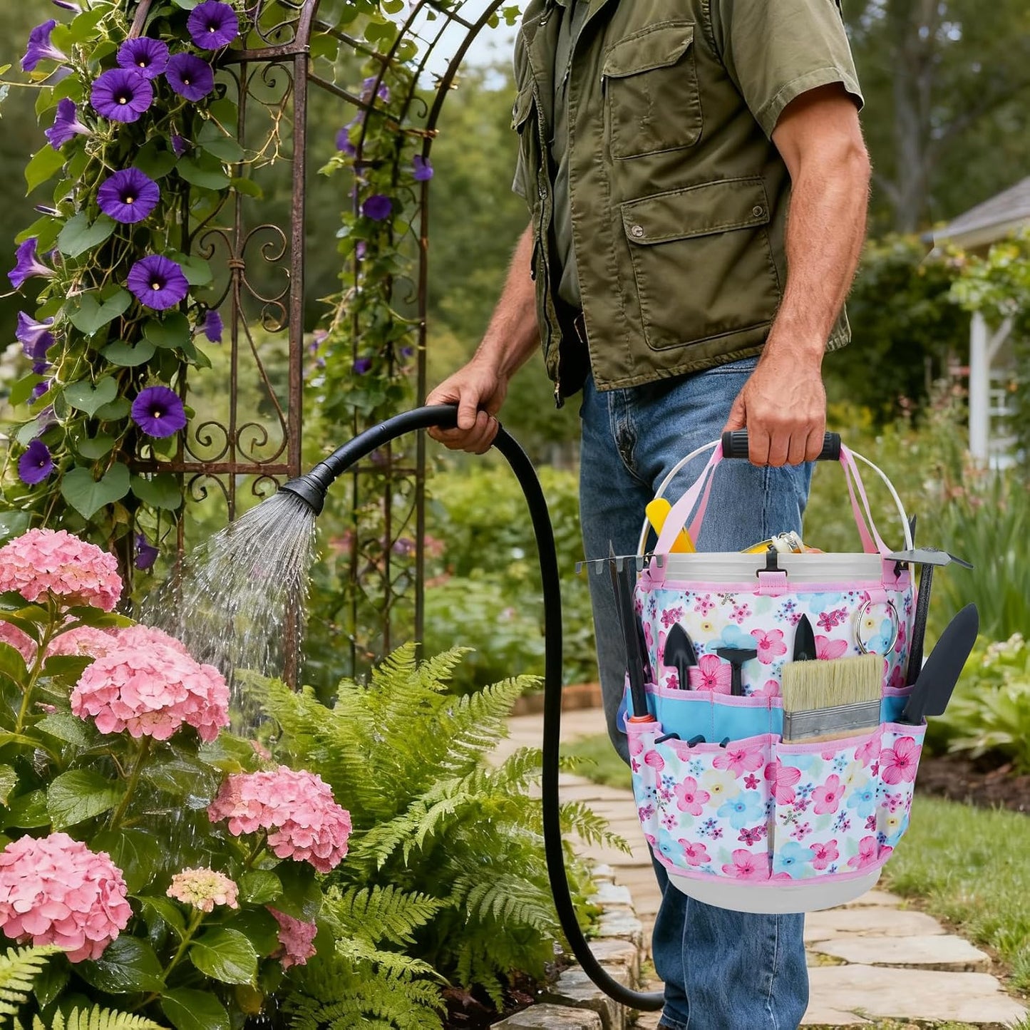 KUNN Bucket Tool Organizer 5 Gallon 18-Pocket Gardening Tool Bag with Hangable Handle | Garden Caddy & Bucket Accessory, Green