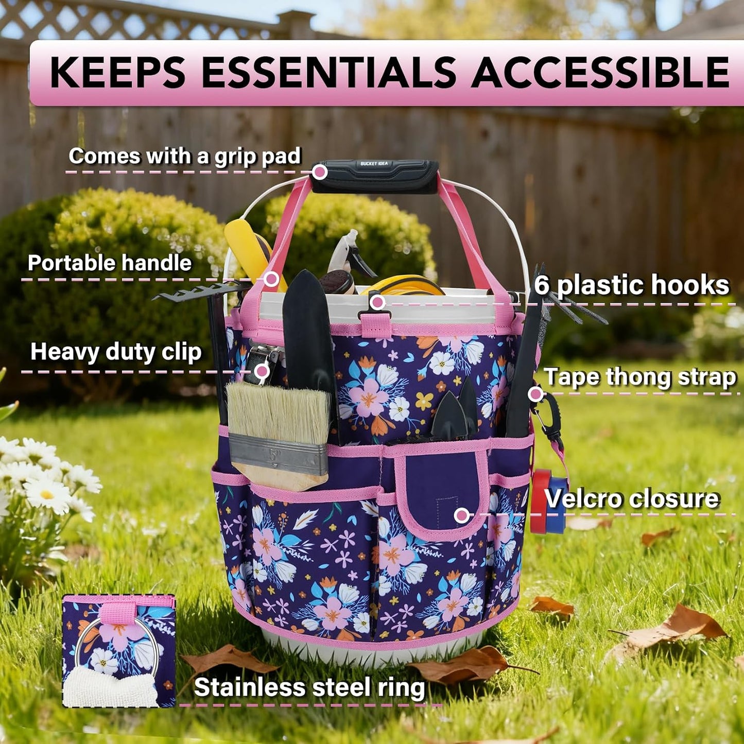 KUNN Bucket Tool Organizer 5 Gallon 18-Pocket Gardening Tool Bag with Hangable Handle | Garden Caddy & Bucket Accessory, Green