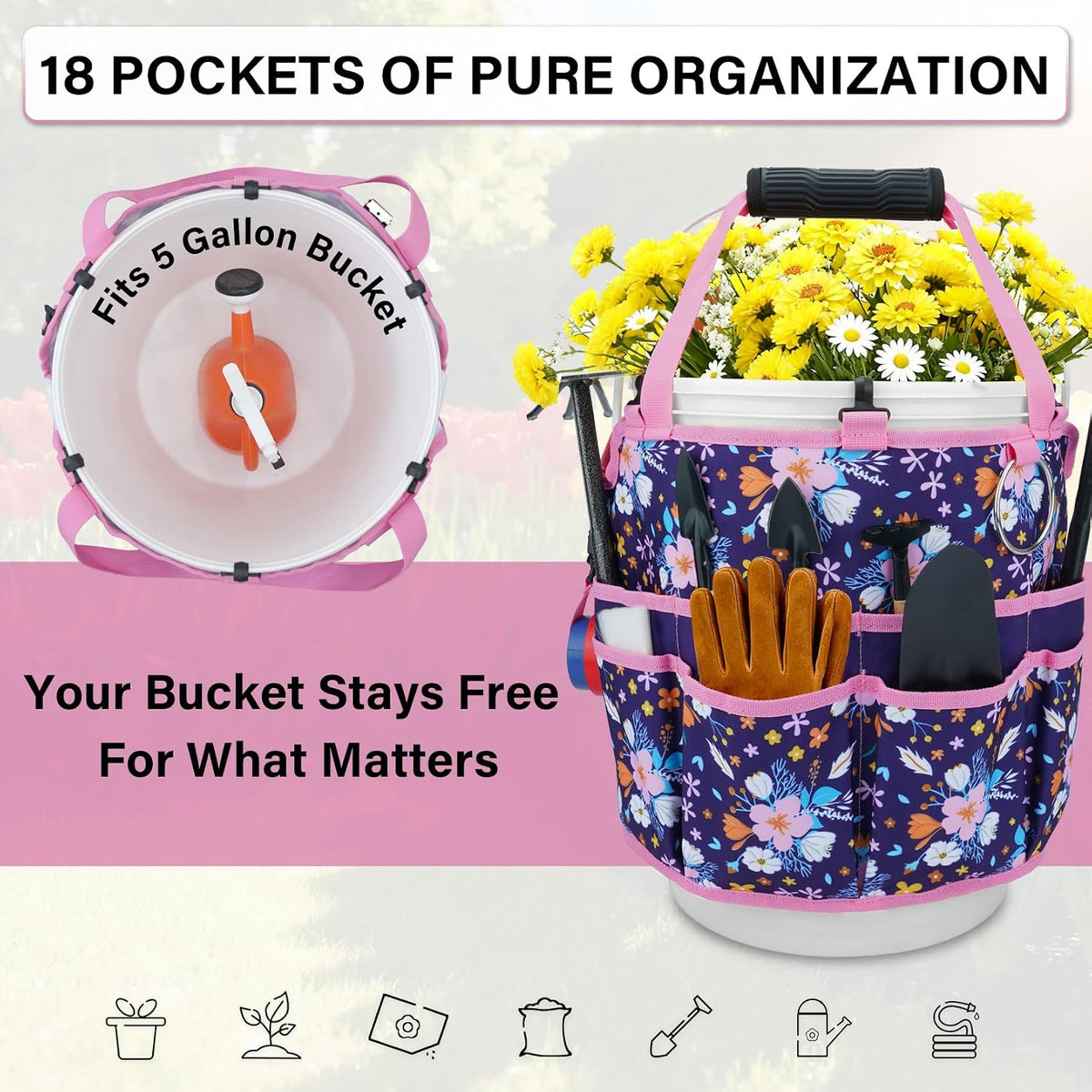 KUNN Bucket Tool Organizer 5 Gallon 18-Pocket Gardening Tool Bag with Hangable Handle | Garden Caddy & Bucket Accessory, Green