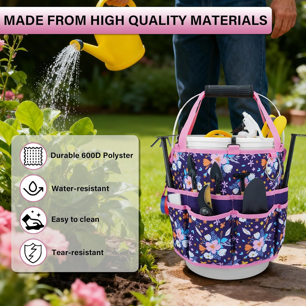 KUNN Bucket Tool Organizer 5 Gallon 18-Pocket Gardening Tool Bag with Hangable Handle | Garden Caddy & Bucket Accessory, Green