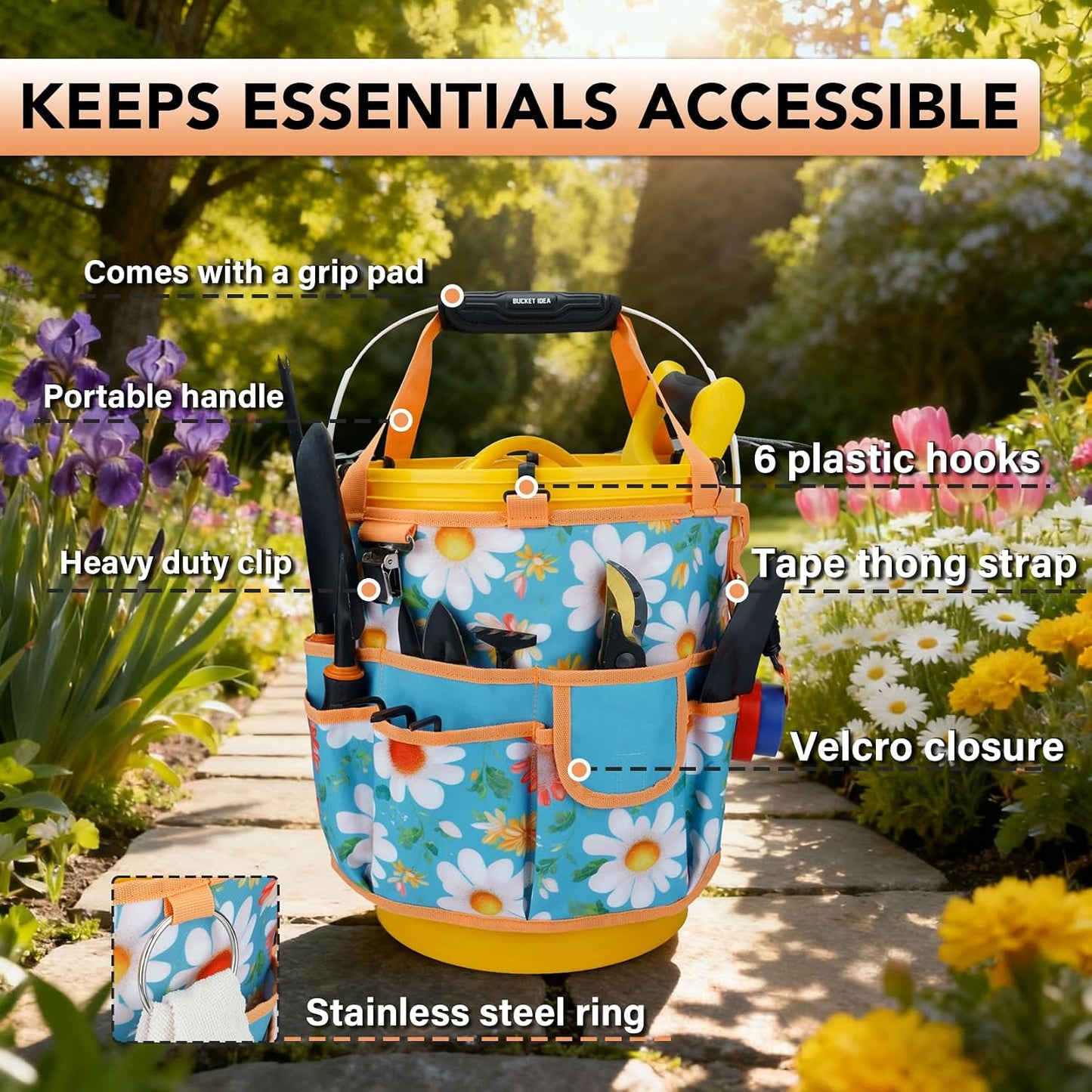 KUNN Bucket Tool Organizer 5 Gallon 18-Pocket Gardening Tool Bag with Hangable Handle | Garden Caddy & Bucket Accessory, Green