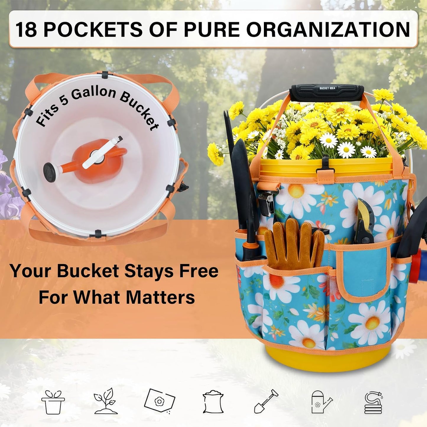 KUNN Bucket Tool Organizer 5 Gallon 18-Pocket Gardening Tool Bag with Hangable Handle | Garden Caddy & Bucket Accessory, Green