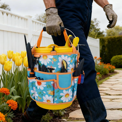 KUNN Bucket Tool Organizer 5 Gallon 18-Pocket Gardening Tool Bag with Hangable Handle | Garden Caddy & Bucket Accessory, Green