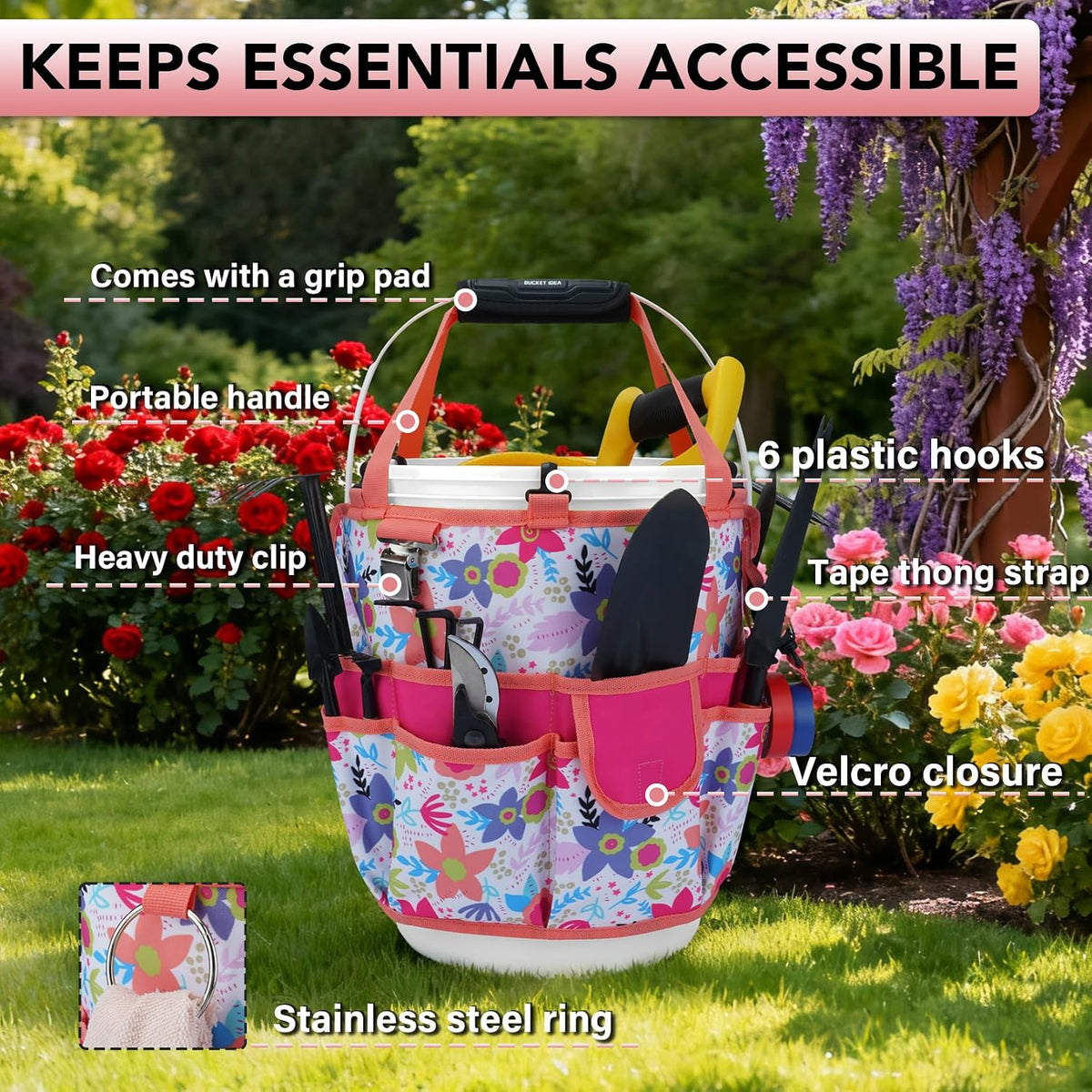 KUNN Bucket Tool Organizer 5 Gallon 18-Pocket Gardening Tool Bag with Hangable Handle | Garden Caddy & Bucket Accessory, Green