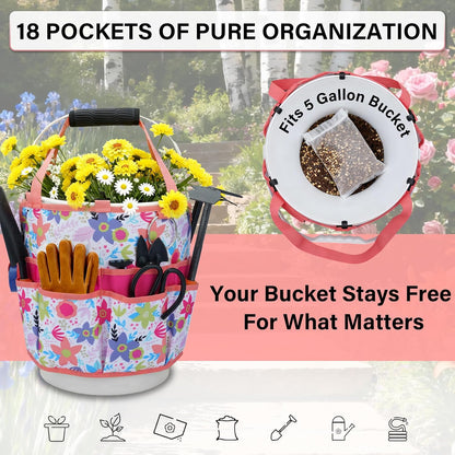 KUNN Bucket Tool Organizer 5 Gallon 18-Pocket Gardening Tool Bag with Hangable Handle | Garden Caddy & Bucket Accessory, Green