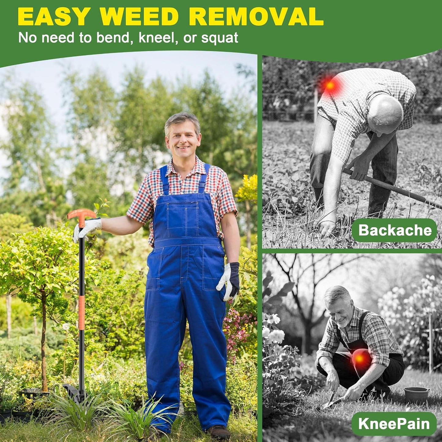 ZHENHAN Weed Puller Tool,43" Iron Stand-Up - No Bend Push-Pull Weeding Tool with Foot Pedal, Extra Long Handle Dandelion Remover for Lawn & Garden, Heavy Duty Root Extraction Tool