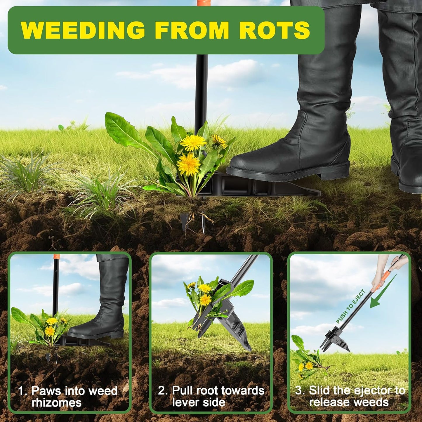 ZHENHAN Weed Puller Tool,43" Iron Stand-Up - No Bend Push-Pull Weeding Tool with Foot Pedal, Extra Long Handle Dandelion Remover for Lawn & Garden, Heavy Duty Root Extraction Tool