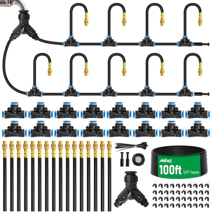 1/4" 100Ft Drip Irrigation System for Garden with 16pcs 360°Adjustable Brass Nozzles & Bendable Rod,Upgraded Watering System Kit for Outdoor Plants,Lawn,Raised Bed,Potted Plant,Yard,Greenhouse