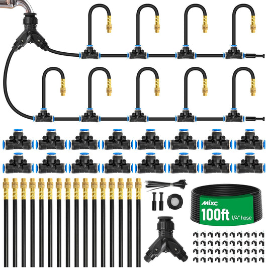 1/4" 100Ft Drip Irrigation System for Garden with 16pcs 360°Adjustable Brass Nozzles & Bendable Rod,Upgraded Watering System Kit for Outdoor Plants,Lawn,Raised Bed,Potted Plant,Yard,Greenhouse