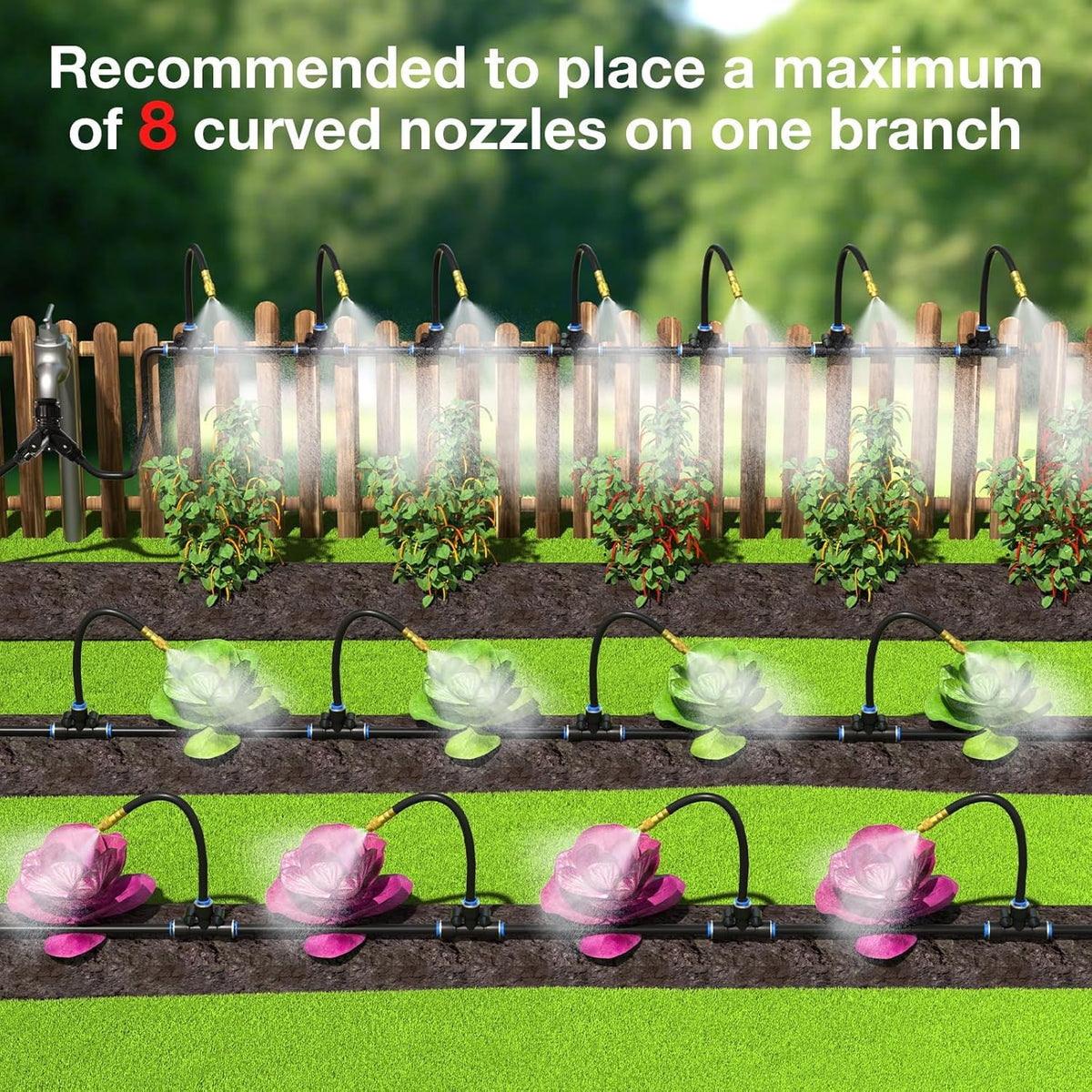 1/4" 100Ft Drip Irrigation System for Garden with 16pcs 360°Adjustable Brass Nozzles & Bendable Rod,Upgraded Watering System Kit for Outdoor Plants,Lawn,Raised Bed,Potted Plant,Yard,Greenhouse