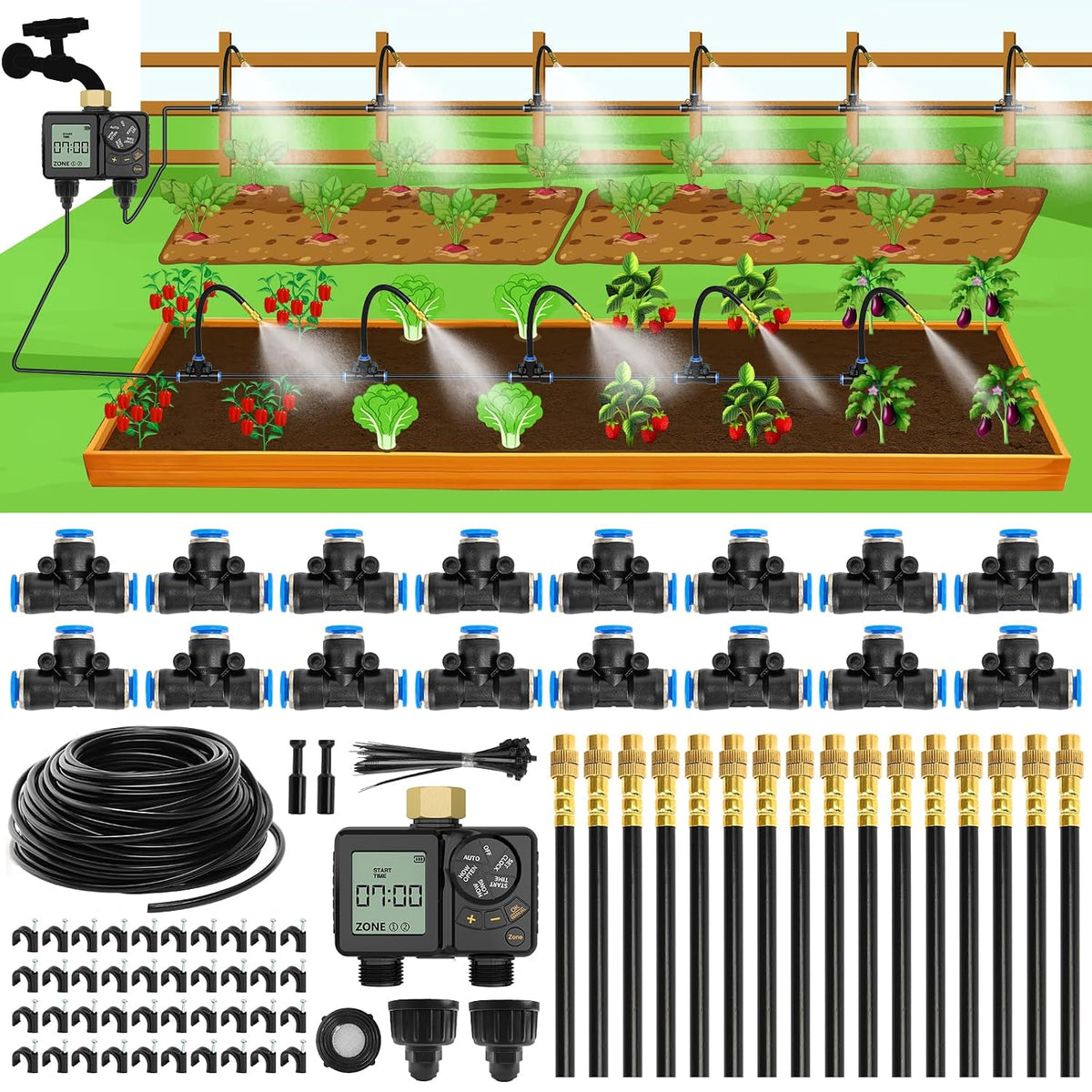 1/4" 100Ft Drip Irrigation System for Garden with 16pcs 360°Adjustable Brass Nozzles & Bendable Rod,Upgraded Watering System Kit for Outdoor Plants,Lawn,Raised Bed,Potted Plant,Yard,Greenhouse