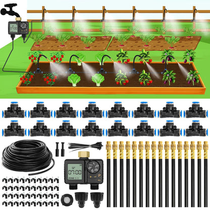 1/4" 100Ft Drip Irrigation System for Garden with 16pcs 360°Adjustable Brass Nozzles & Bendable Rod,Upgraded Watering System Kit for Outdoor Plants,Lawn,Raised Bed,Potted Plant,Yard,Greenhouse