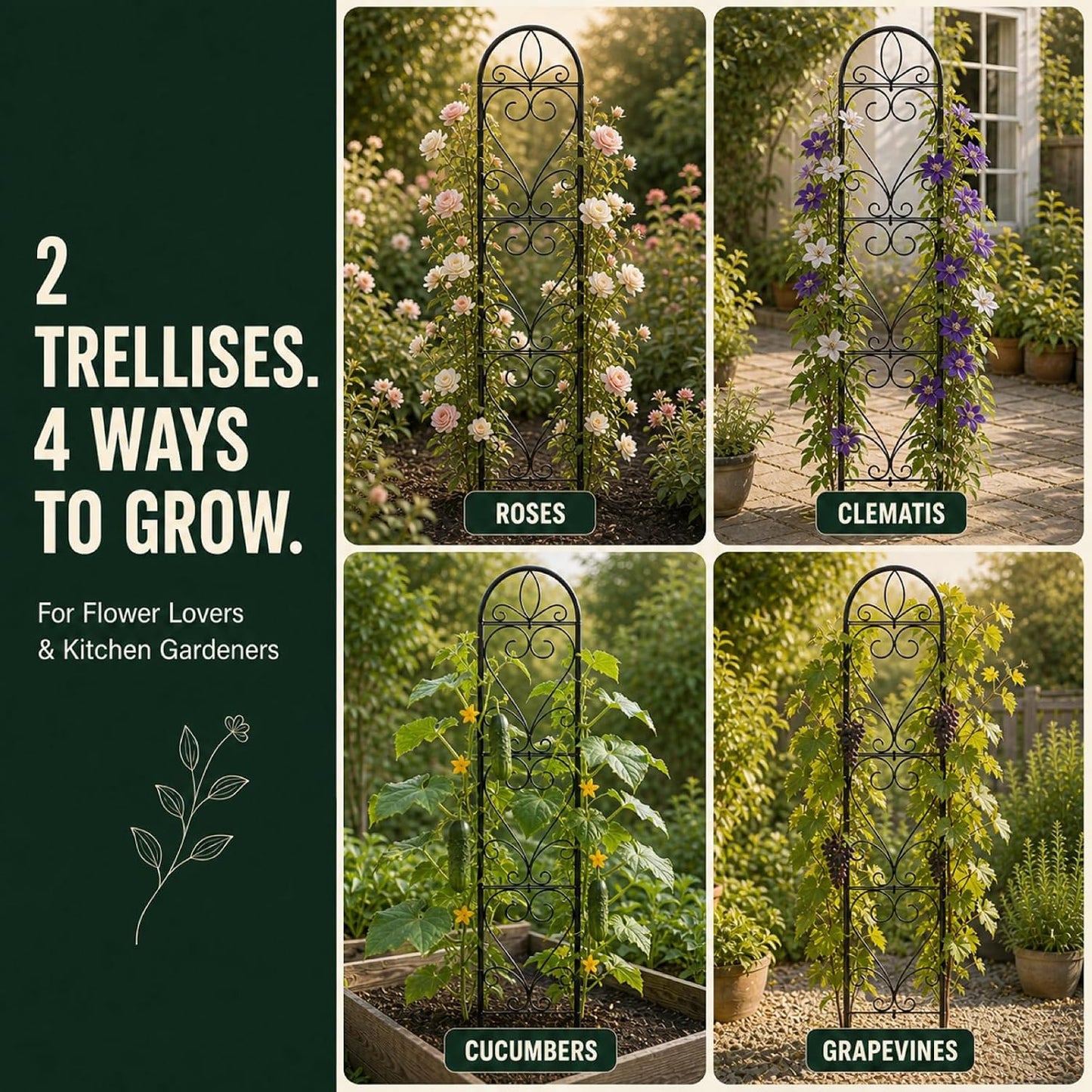 2 Pack Q195 Metal Garden Trellis for Climbing Plants, 66 x 13 in