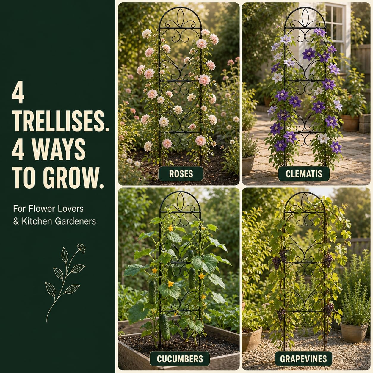 2 Pack Q195 Metal Garden Trellis for Climbing Plants, 66 x 13 in