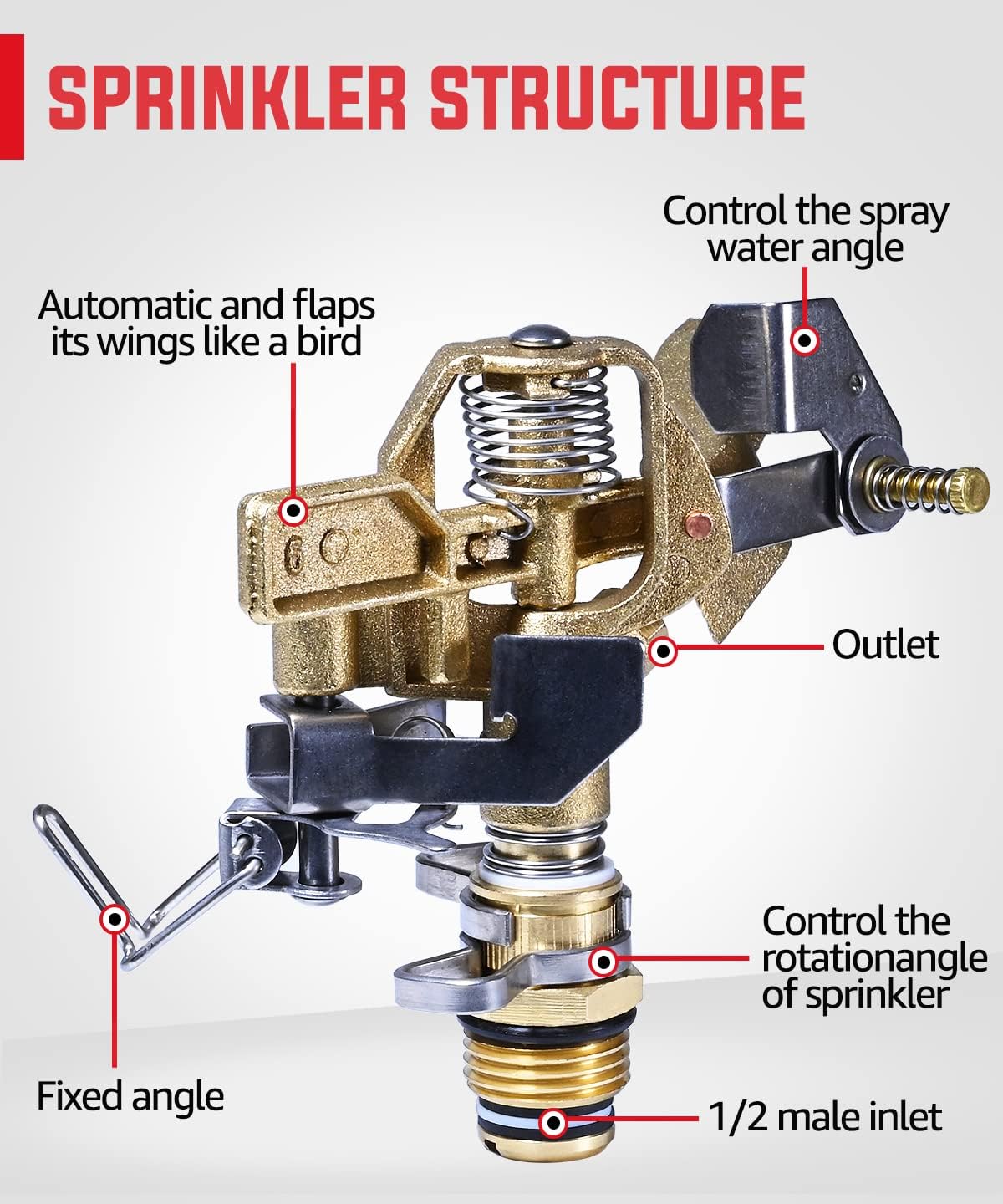 1/2 Inch Brass Impact Sprinkler Head, Heavy Duty Impact Sprinkler Head with Nozzles, Adjustable 20° to 360° Circle Pattern for Garden, Lawns, Yard Irrigation