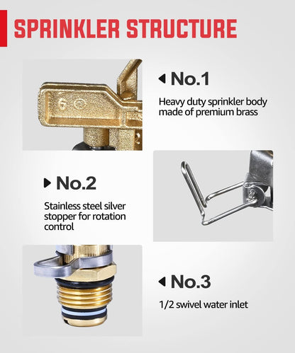 1/2 Inch Brass Impact Sprinkler Head, Heavy Duty Impact Sprinkler Head with Nozzles, Adjustable 20° to 360° Circle Pattern for Garden, Lawns, Yard Irrigation