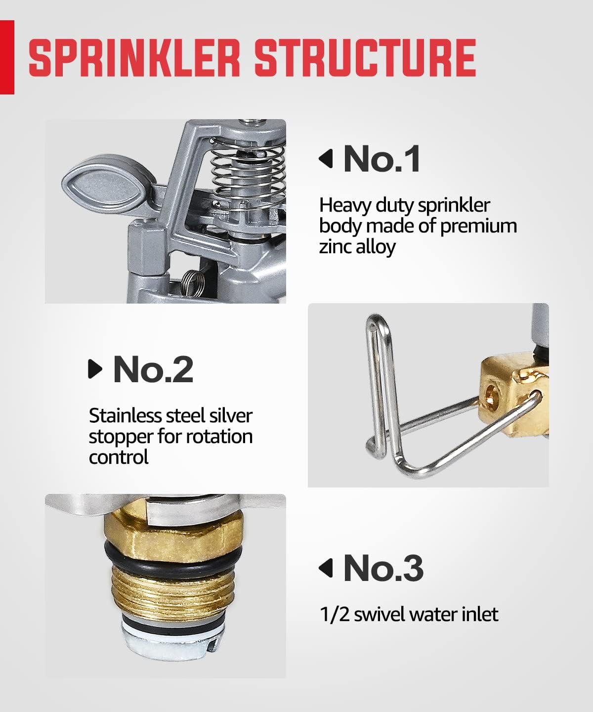 1/2 Inch Brass Impact Sprinkler Head, Heavy Duty Impact Sprinkler Head with Nozzles, Adjustable 20° to 360° Circle Pattern for Garden, Lawns, Yard Irrigation