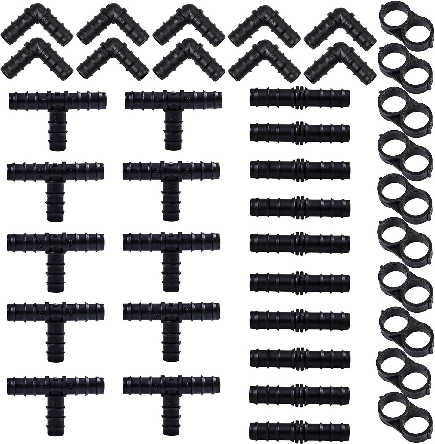 40 Pieces Drip Irrigation Fittings Kit 1/2" Tubing Set, 10 Tees, 10 Couplings, 10 Elbows and 10 End Cap Plugs Drip Irrigation Barbed Connectors for Drip Sprinkler Systems