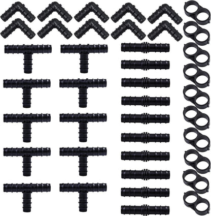 40 Pieces Drip Irrigation Fittings Kit 1/2" Tubing Set, 10 Tees, 10 Couplings, 10 Elbows and 10 End Cap Plugs Drip Irrigation Barbed Connectors for Drip Sprinkler Systems