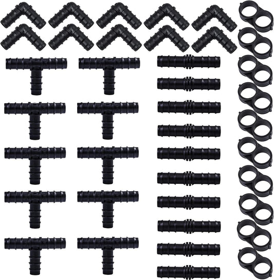 40 Pieces Drip Irrigation Fittings Kit 1/2" Tubing Set, 10 Tees, 10 Couplings, 10 Elbows and 10 End Cap Plugs Drip Irrigation Barbed Connectors for Drip Sprinkler Systems