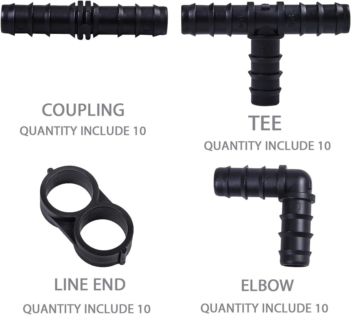 40 Pieces Drip Irrigation Fittings Kit 1/2" Tubing Set, 10 Tees, 10 Couplings, 10 Elbows and 10 End Cap Plugs Drip Irrigation Barbed Connectors for Drip Sprinkler Systems