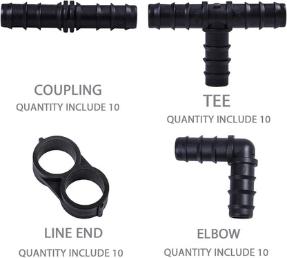 40 Pieces Drip Irrigation Fittings Kit 1/2" Tubing Set, 10 Tees, 10 Couplings, 10 Elbows and 10 End Cap Plugs Drip Irrigation Barbed Connectors for Drip Sprinkler Systems