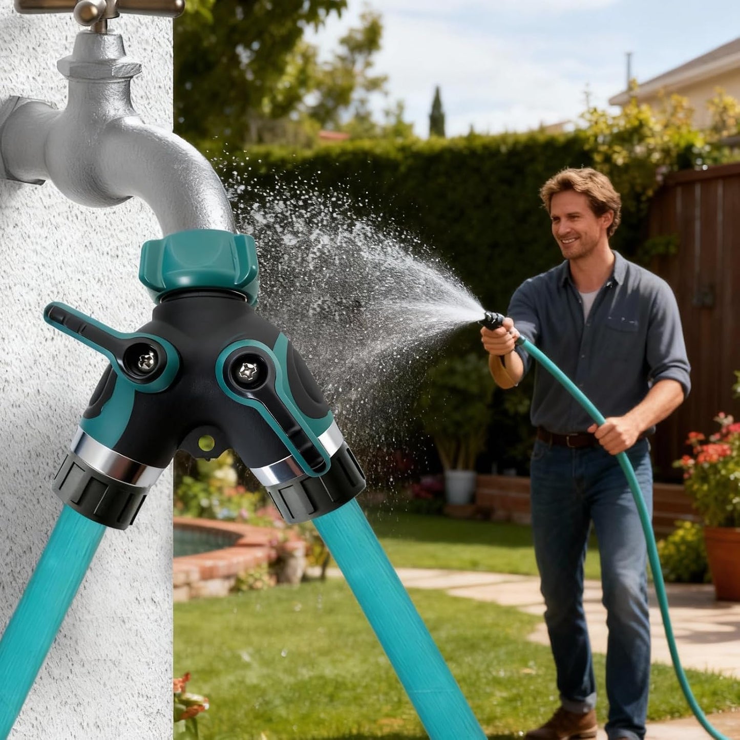 NUNU FRY Garden Hose Splitter 2 Way Heavy Duty,Home Use - Premium Alloy With Strong Tightness And Dual Flow Design Reduces Water Pressure And Leakage, Compatible With Any Standard Faucet (Orange)