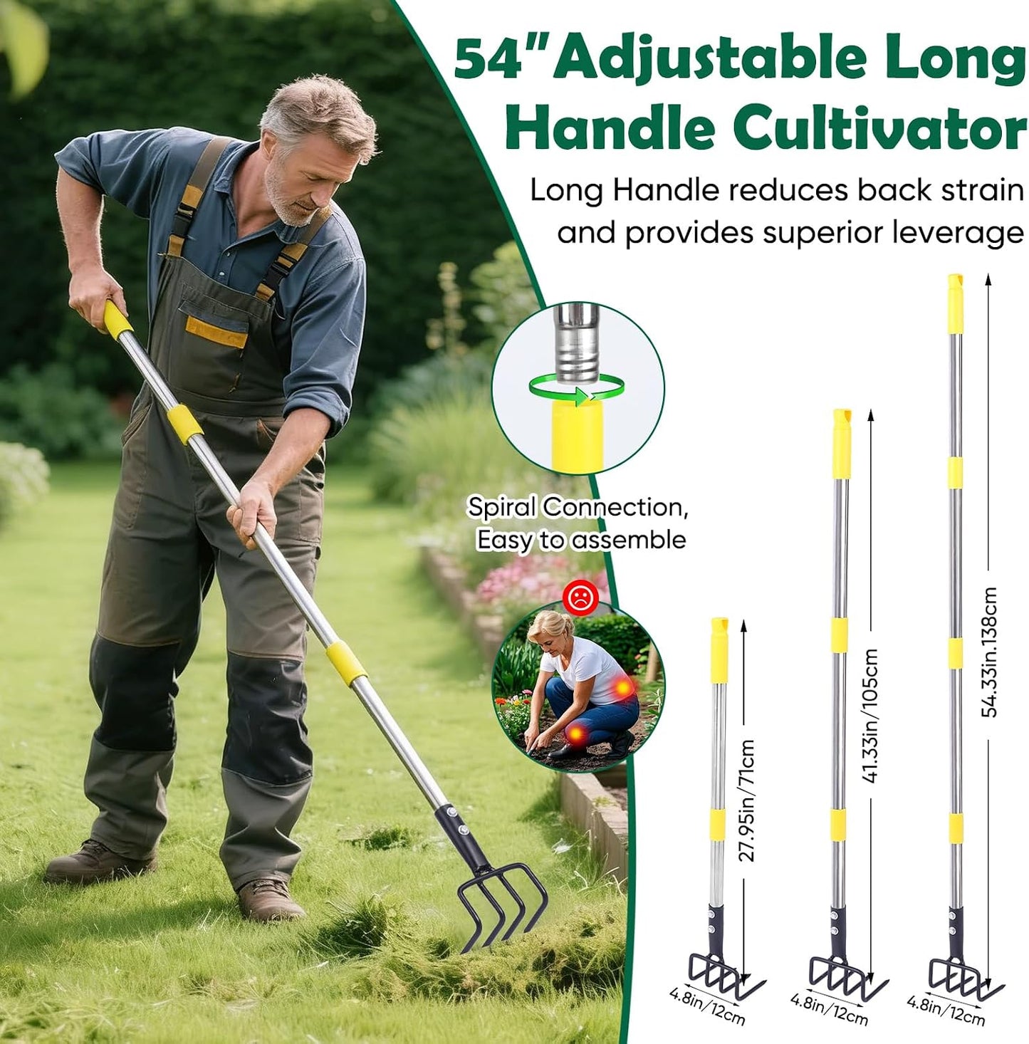 Garden Hand Tiller Cultivator, 4-Tine Adjustable Long Handle