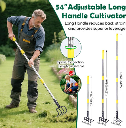 Garden Hand Tiller Cultivator, 4-Tine Adjustable Long Handle