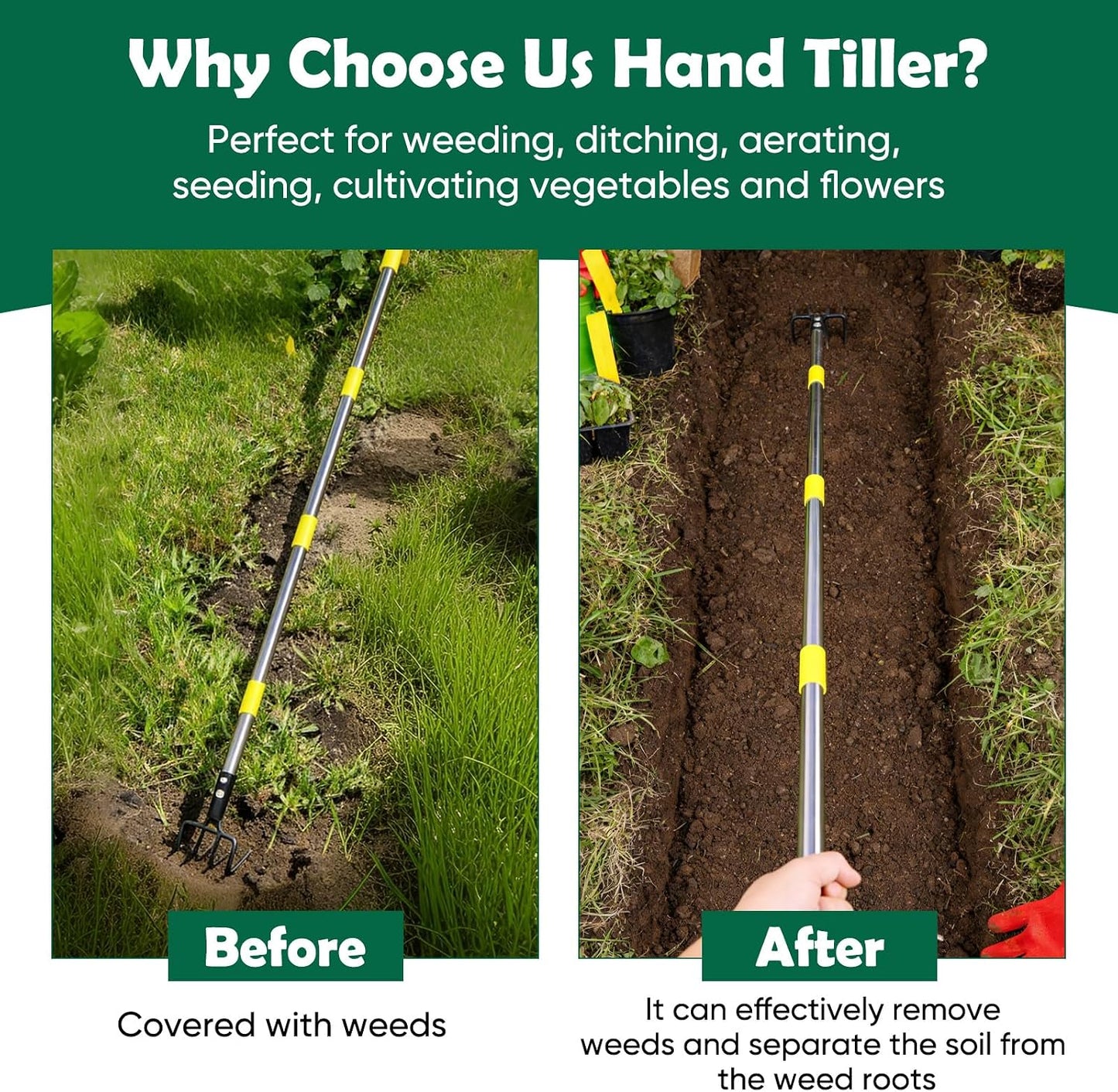 Garden Hand Tiller Cultivator, 4-Tine Adjustable Long Handle
