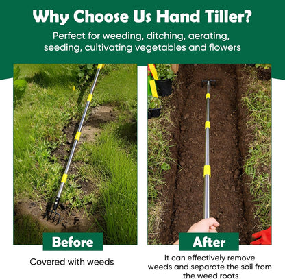 Garden Hand Tiller Cultivator, 4-Tine Adjustable Long Handle