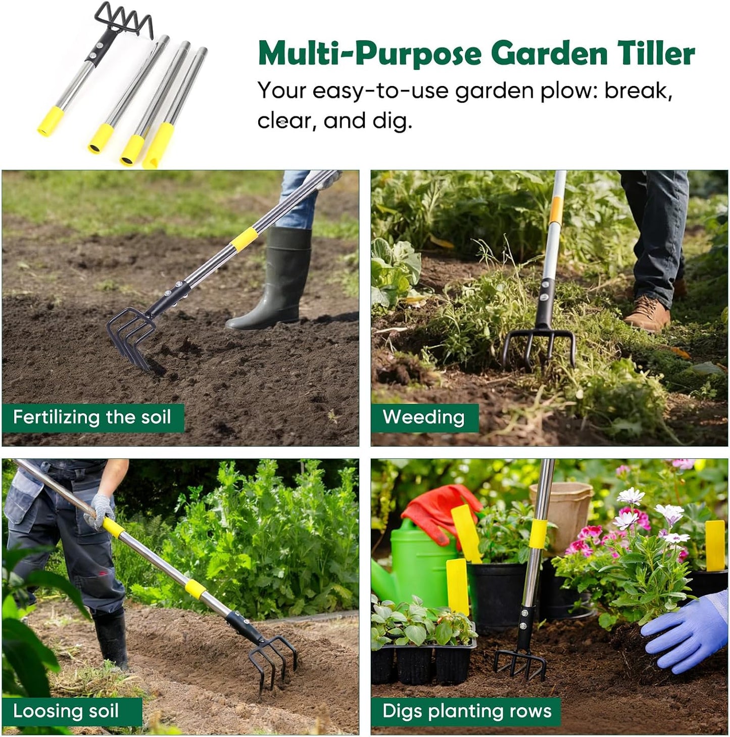Garden Hand Tiller Cultivator, 4-Tine Adjustable Long Handle