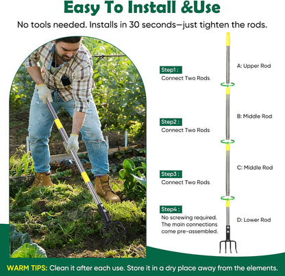 Garden Hand Tiller Cultivator, 4-Tine Adjustable Long Handle