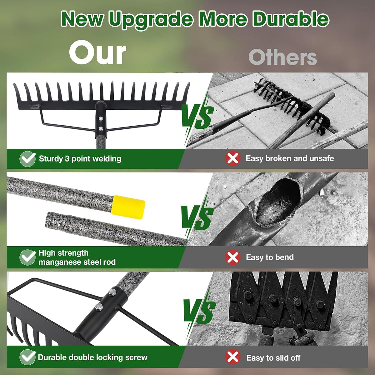 Heavy Duty Metal Bow Rake for Lawn , 17 Steel Tines Garden Rake