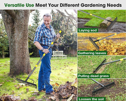 Heavy Duty Metal Bow Rake for Lawn , 17 Steel Tines Garden Rake