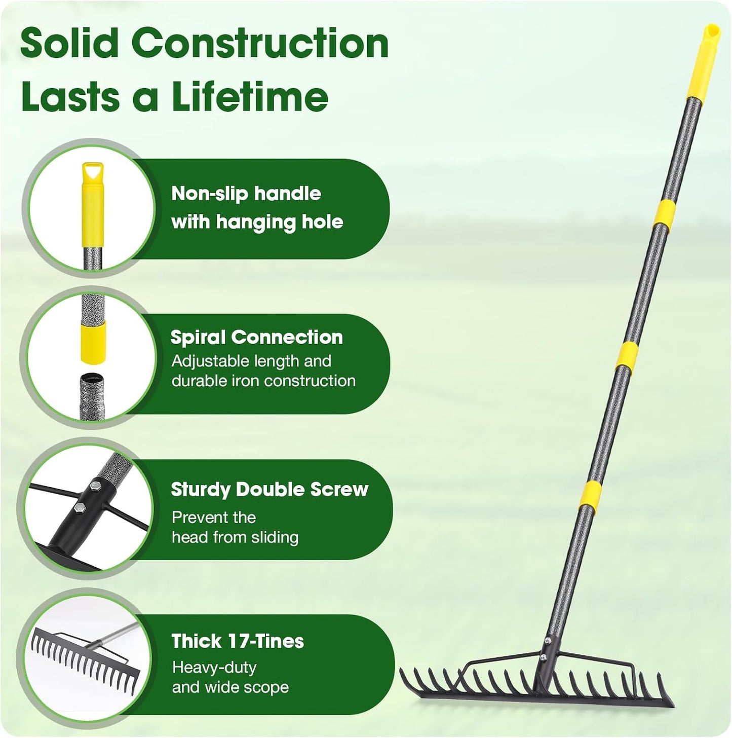 Heavy Duty Metal Bow Rake for Lawn , 17 Steel Tines Garden Rake