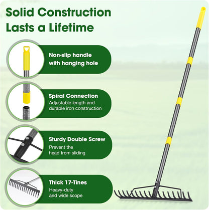 Heavy Duty Metal Bow Rake for Lawn , 17 Steel Tines Garden Rake
