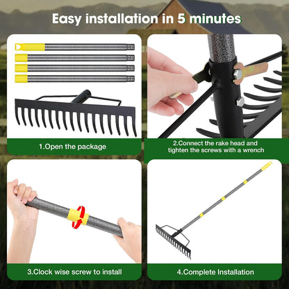 Heavy Duty Metal Bow Rake for Lawn , 17 Steel Tines Garden Rake