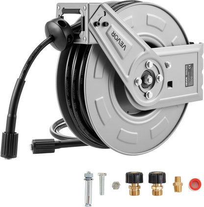 Pressure Washer Hose Reel, 65 ft x 1/4 inch Retractable Power Heavy-Duty Steel Washer Hose Reel, 3200PSI Max, Auto-Rewinding, Flexible Wall/Floor Mounted for Car Washing,Garden,Floor Cleaning