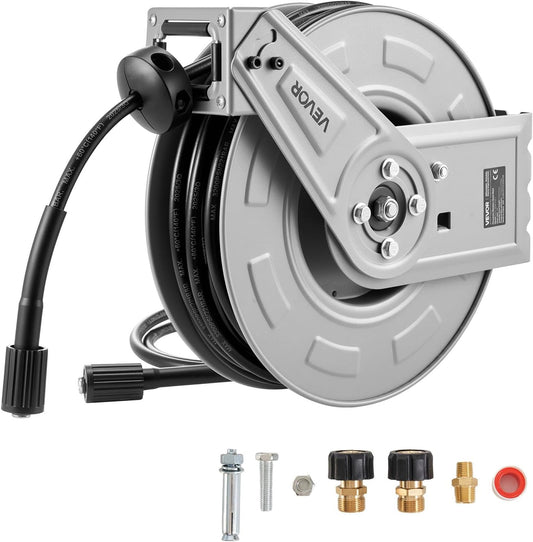 Pressure Washer Hose Reel, 65 ft x 1/4 inch Retractable Power Heavy-Duty Steel Washer Hose Reel, 3200PSI Max, Auto-Rewinding, Flexible Wall/Floor Mounted for Car Washing,Garden,Floor Cleaning