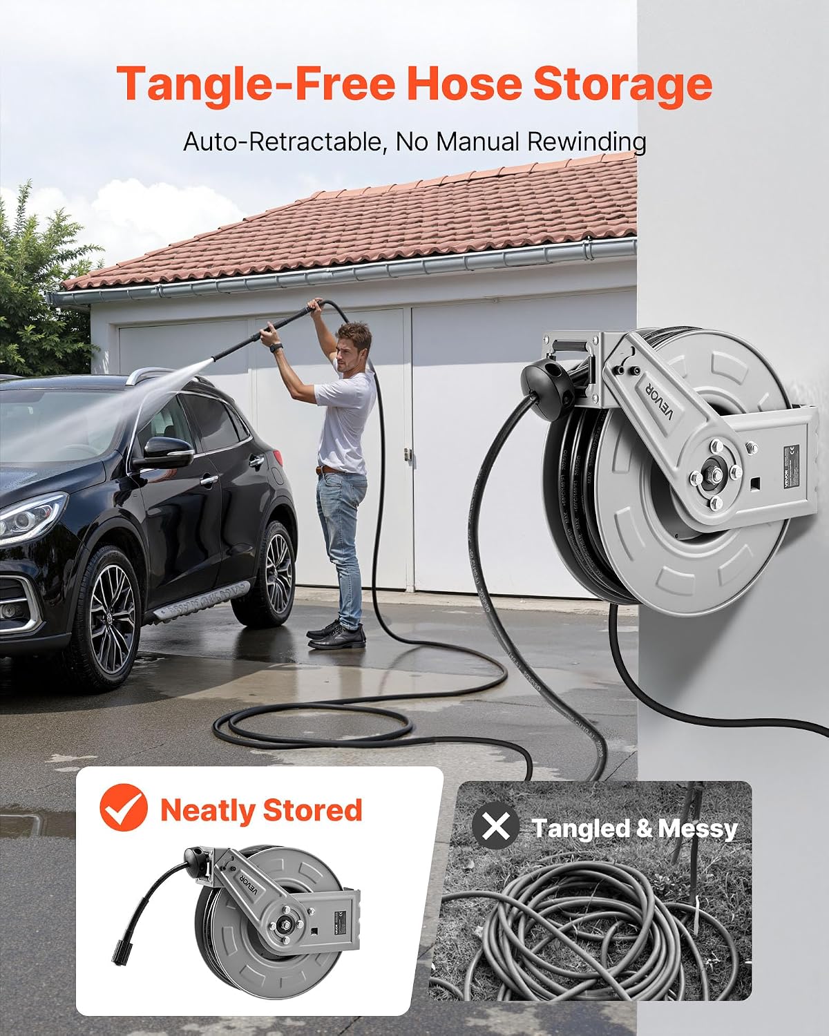 Pressure Washer Hose Reel, 65 ft x 1/4 inch Retractable Power Heavy-Duty Steel Washer Hose Reel, 3200PSI Max, Auto-Rewinding, Flexible Wall/Floor Mounted for Car Washing,Garden,Floor Cleaning