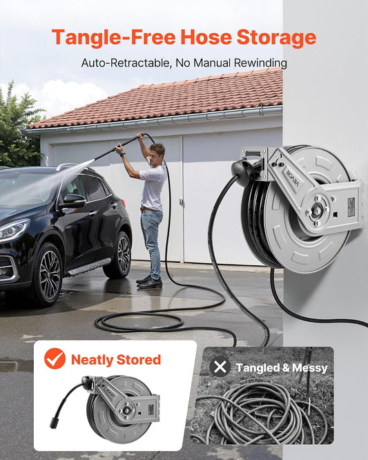 Pressure Washer Hose Reel, 65 ft x 1/4 inch Retractable Power Heavy-Duty Steel Washer Hose Reel, 3200PSI Max, Auto-Rewinding, Flexible Wall/Floor Mounted for Car Washing,Garden,Floor Cleaning
