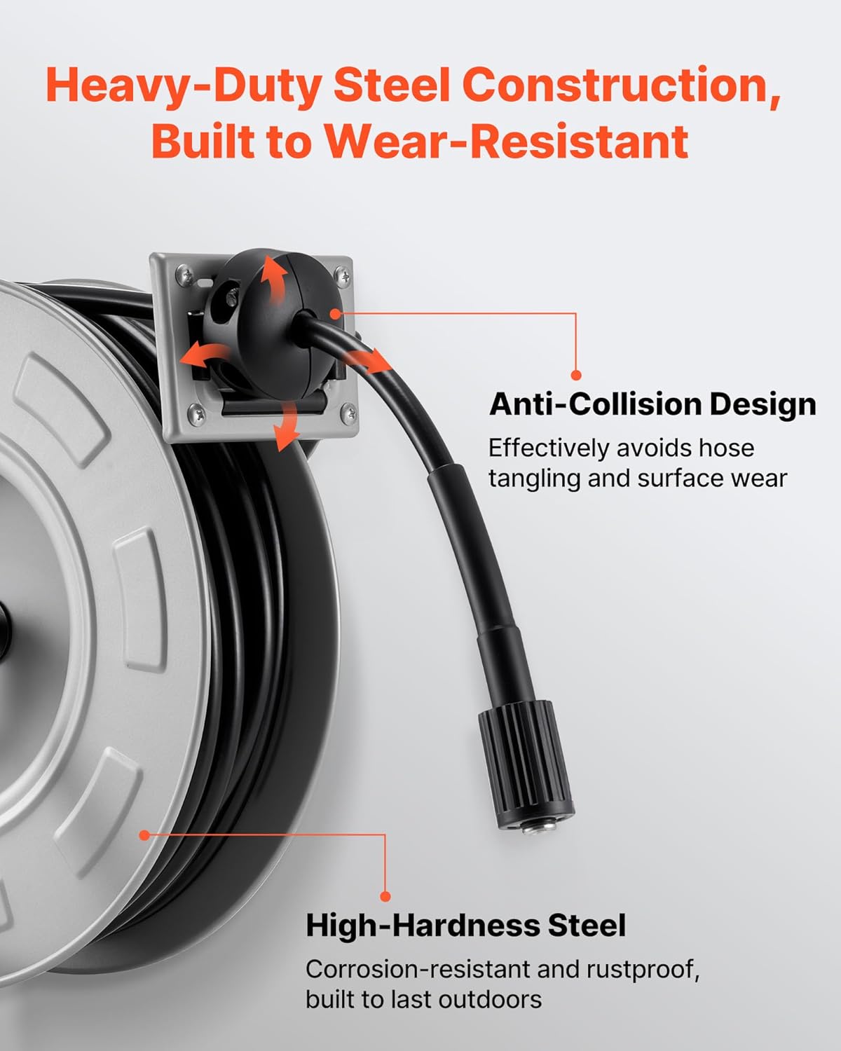 Pressure Washer Hose Reel, 65 ft x 1/4 inch Retractable Power Heavy-Duty Steel Washer Hose Reel, 3200PSI Max, Auto-Rewinding, Flexible Wall/Floor Mounted for Car Washing,Garden,Floor Cleaning
