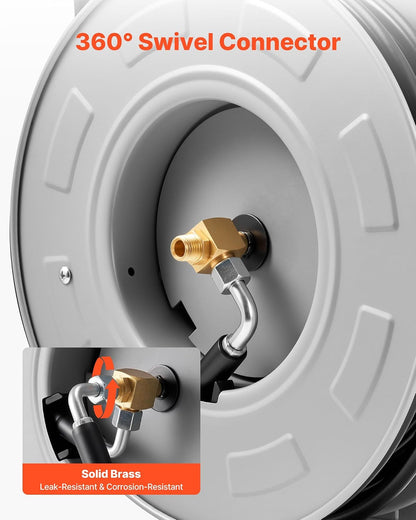 Pressure Washer Hose Reel, 65 ft x 1/4 inch Retractable Power Heavy-Duty Steel Washer Hose Reel, 3200PSI Max, Auto-Rewinding, Flexible Wall/Floor Mounted for Car Washing,Garden,Floor Cleaning