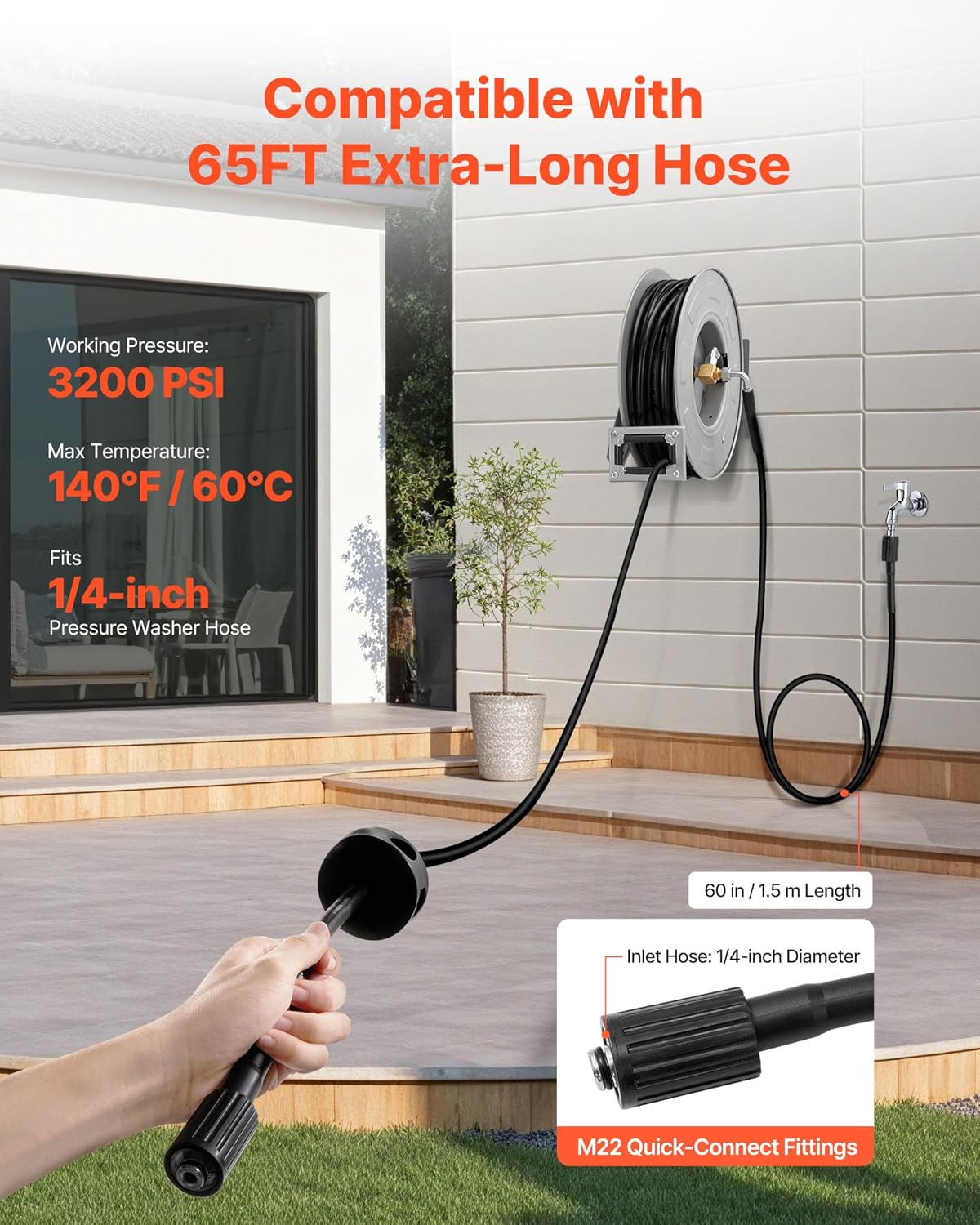 Pressure Washer Hose Reel, 65 ft x 1/4 inch Retractable Power Heavy-Duty Steel Washer Hose Reel, 3200PSI Max, Auto-Rewinding, Flexible Wall/Floor Mounted for Car Washing,Garden,Floor Cleaning