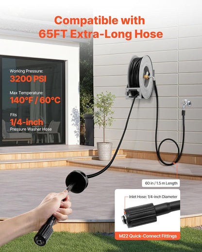 Pressure Washer Hose Reel, 65 ft x 1/4 inch Retractable Power Heavy-Duty Steel Washer Hose Reel, 3200PSI Max, Auto-Rewinding, Flexible Wall/Floor Mounted for Car Washing,Garden,Floor Cleaning