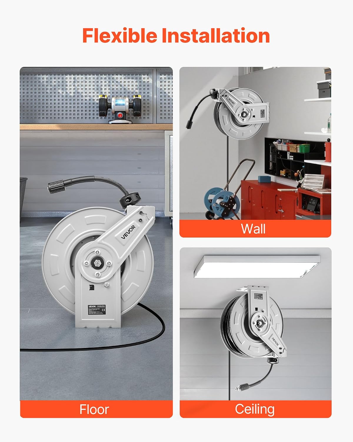 Pressure Washer Hose Reel, 65 ft x 1/4 inch Retractable Power Heavy-Duty Steel Washer Hose Reel, 3200PSI Max, Auto-Rewinding, Flexible Wall/Floor Mounted for Car Washing,Garden,Floor Cleaning
