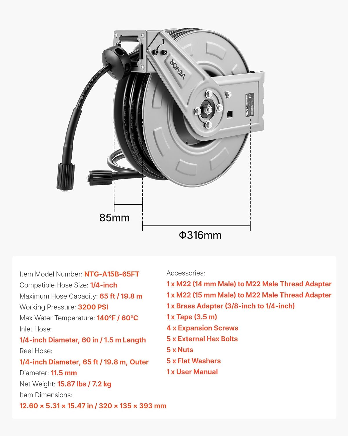 Pressure Washer Hose Reel, 65 ft x 1/4 inch Retractable Power Heavy-Duty Steel Washer Hose Reel, 3200PSI Max, Auto-Rewinding, Flexible Wall/Floor Mounted for Car Washing,Garden,Floor Cleaning