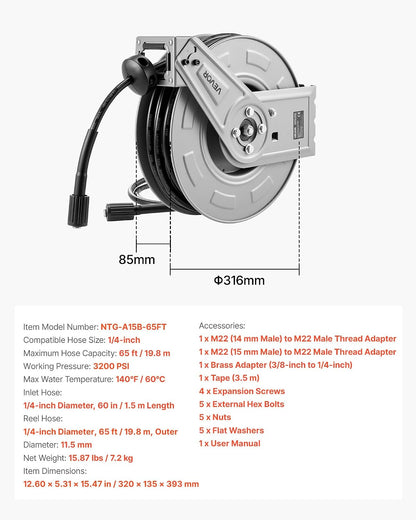 Pressure Washer Hose Reel, 65 ft x 1/4 inch Retractable Power Heavy-Duty Steel Washer Hose Reel, 3200PSI Max, Auto-Rewinding, Flexible Wall/Floor Mounted for Car Washing,Garden,Floor Cleaning